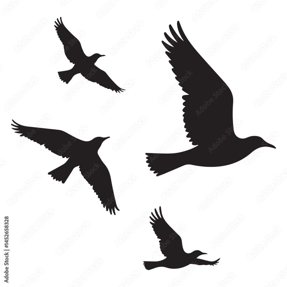 Fototapeta premium Vector set of flying birds. Usually stylized or realistic silhouettes of birds flying in the air. vector illustration eps 10