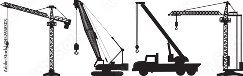 Silhouette vector set of various construction cranes including tower, crawler, and truck-mounted types. Perfect for industrial, engineering, and building-themed designs.