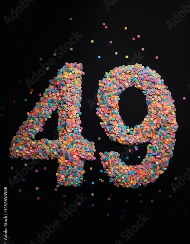 Number 49 made out of confetti with black background. Photo for forty-ninth birthday or anniversary party photo