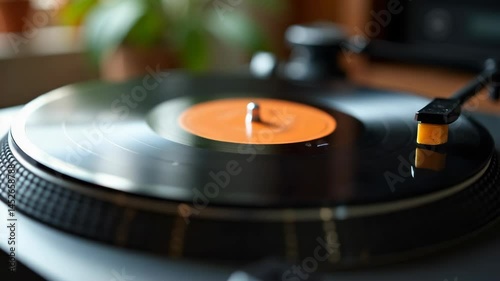 Vintage vinyl record spinning on turntable in cozy setting  