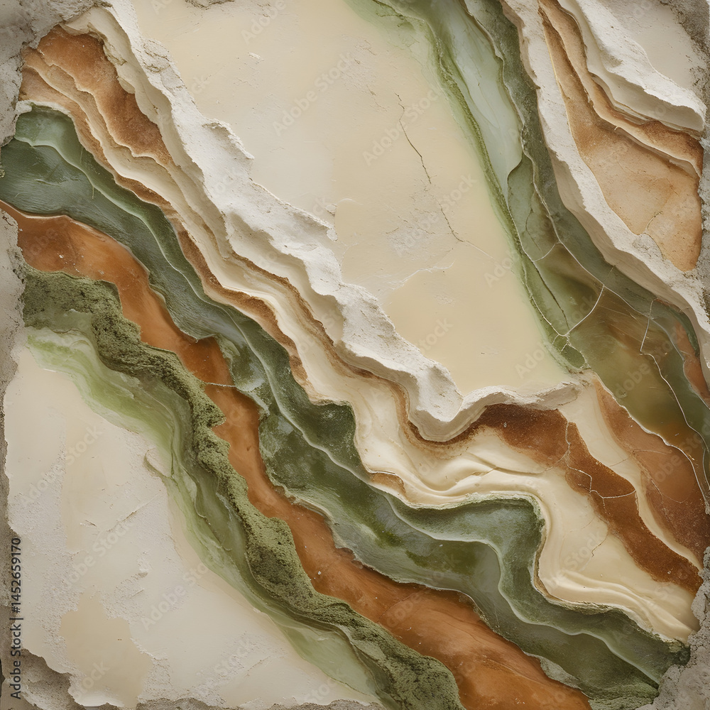 Obraz premium Layered Abstract Texture: An abstract painting, exploring layered, textured, and fluid forms. The layered colors of green, tan, and white create a sense of depth and texture. 
