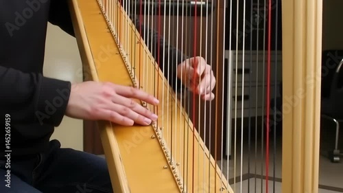Musician Playing Harp with Elegance in a Cozy Indoor Setting  