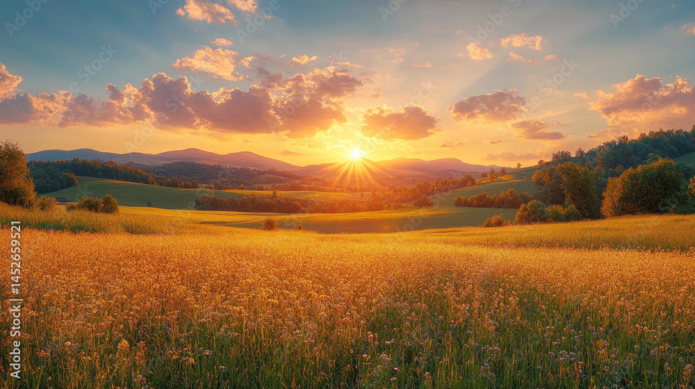 Obraz premium farmland during golden hour, with warm light across crop fields and distant hills