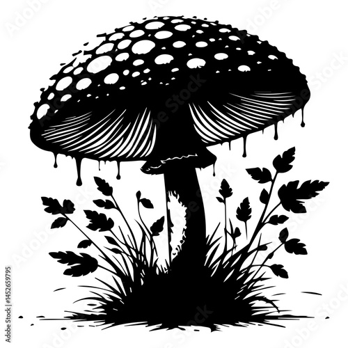 Black and white silhouette of a fly agaric mushroom growing in the grass on a white isolated background. Vector graphics. EPS.