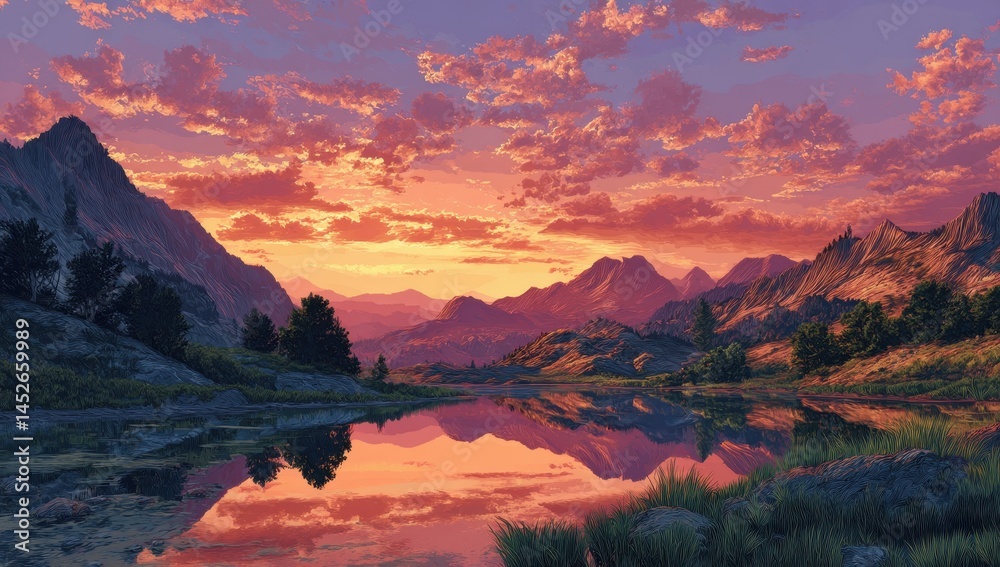 Naklejka premium Serene Sunset over Mountain Lake Reflection