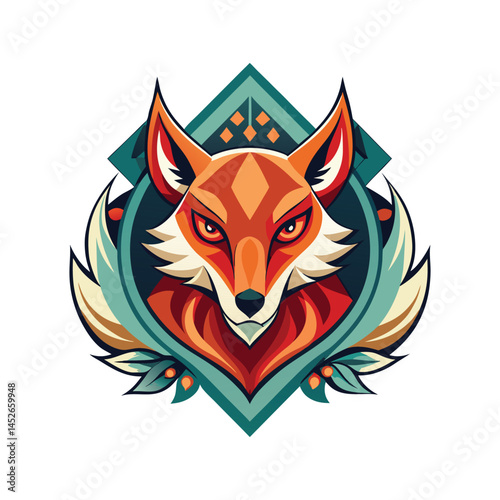 Geometric fox head, vibrant colors, tribal style, symmetrical design, stylized animal art, 