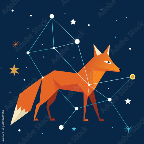 Geometric fox constellation, stylized orange fox, night sky, stars, constellations, minimalist design, flat illustration, 