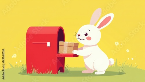 Happy white bunny delivering package from red mailbox on sunny green lawn with yellow background for Easter marketing campaign or springtime advertising with copy space