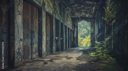 Infinite corridor lined with identical doors stretching into a vanishing point Liminal