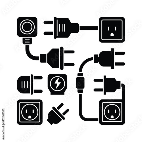 Minimalist Icons of Plugs, Sockets, and Energy Connectors, Power Outlet and Plug Symbol Set in Monochrome Style