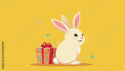 Happy smiling white rabbit with pink ears sitting beside colorful wrapped gift box on yellow background for Easter holiday marketing campaign or springtime greeting card design with copy space