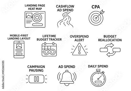 paid traffic advertising optimization concept. Marketing icons and metrics for digital advertising strategies.