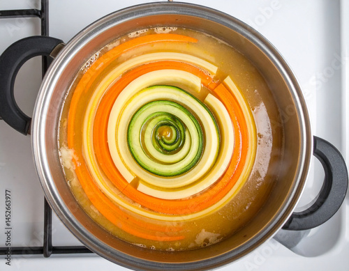A pot of boiling soup suddenly forming a perfect spiral of colorful vegetable patterns. photo