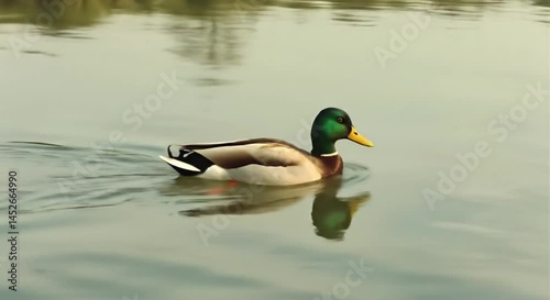 Male mallard duck swimming peacefully on calm water surface surrounded by greenery