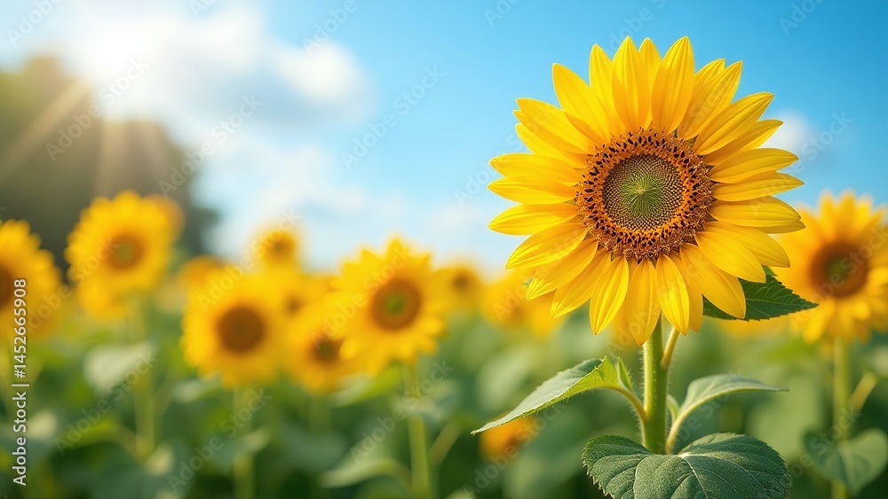 Fototapeta premium First Day of Summer, Sunflowers blooming under the bright summer sun, A vibrant display of color and nature's beauty