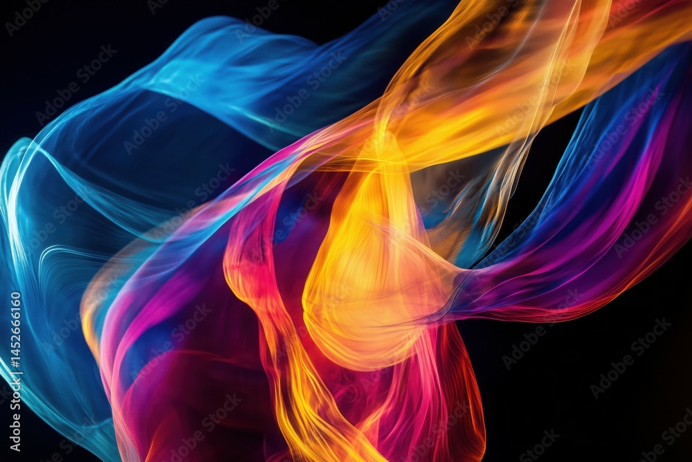 Fototapeta premium Flowing fabric in electric blue, hot pink, and golden yellow swirls, creating a dynamic, almost surreal effect against a deep black background, highlighting movement and energy.