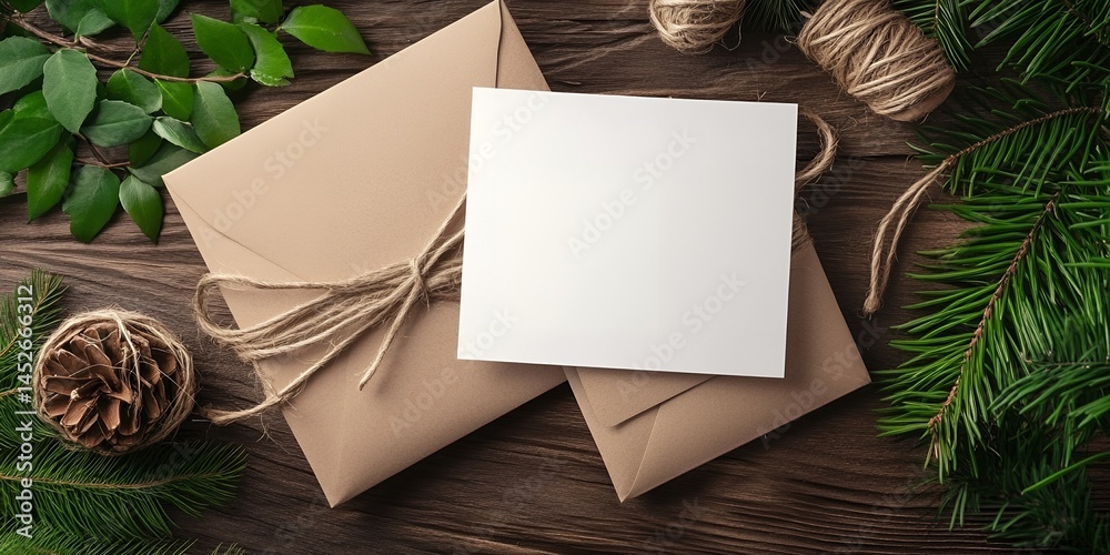 Greeting card mockup on wooden surface with envelopes pine cone and green foliage arrangement Greeting card mockup on wooden surface with envelopes pine cone and green foliage arrangement