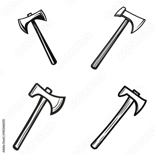 Four Monochrome Axe Illustrations with Sharp Edges Isolated on White