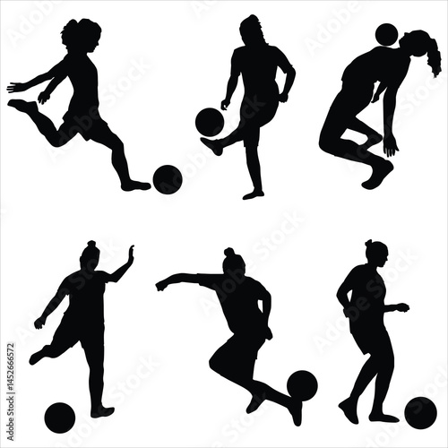 Set of female football or soccer player silhouettes