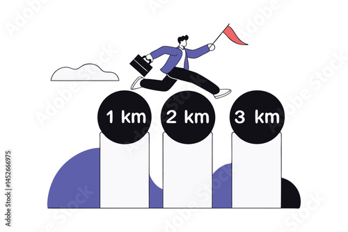 Business Goal Progress Milestones Concept, Skillful Businessman Jumping to Achieve Success, Target Execution Art