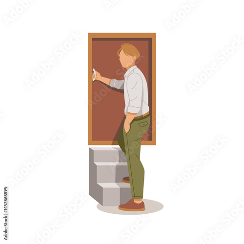 man climbs the stairs and opens the door illustration