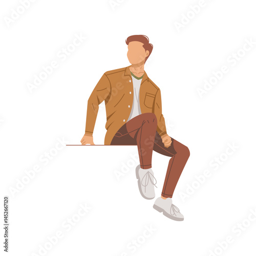 man sitting on wall and look to the left isolated illustration