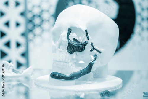 Prototype of human skull from white plastic with titanium implants in form of plates and surgical templates printed on 3D printer. Biointegrated prosthesis. Medicine medical
