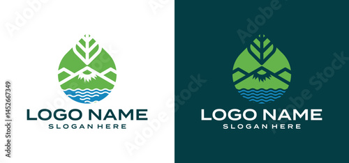 Mountain water logo vector design. Illustration of minimalist nature mountains and lakes.