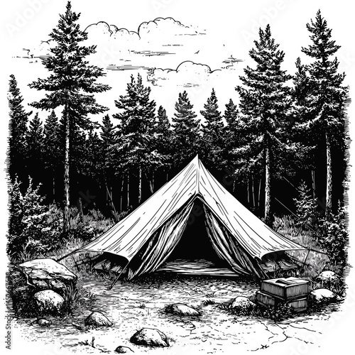 Vintage tent in woods, forest camping vector, woodcut engraving style, black sketch art, rustic illustration, classic etching design, nature drawing, wilderness scene, retro outdoor artwork,