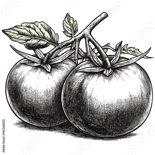 Tomatos vector, vintage engraving style, hand drawn sketch, black ink woodcut, rustic vegetable illustration, botanical farm produce, heirloom tomato art, retro organic food design