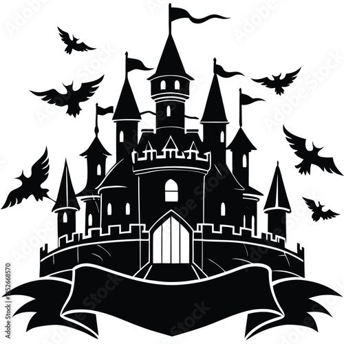 Spooky Black Castle Silhouette with Bats and Banner for Halloween or Gothic Designs