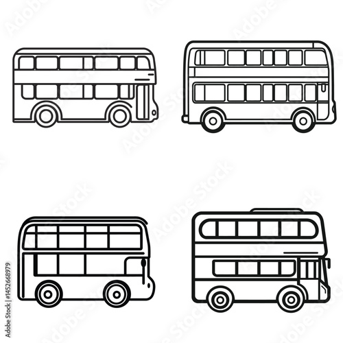 Four outlined double decker bus icons in varied styles on transparent backdrop
