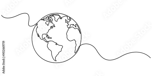 Planet Earth Continuous Line Icon, Continuous one line art drawing of earth planet, Globe, geography vector outline, Single line illustration of world map, Globe, minimal style concept.