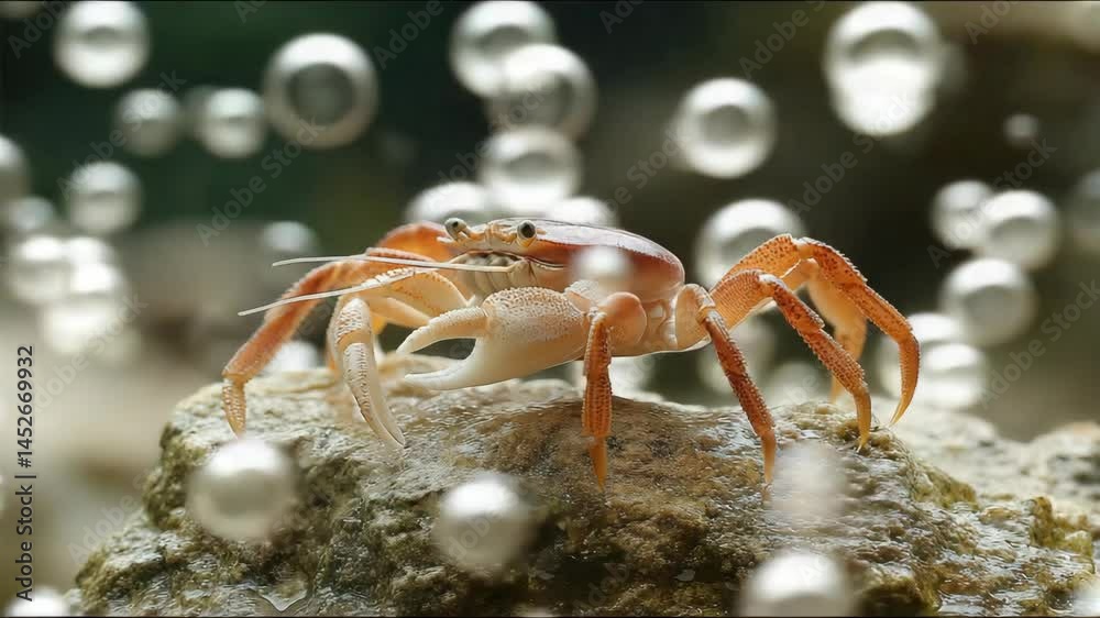Close-up view of an orange crab standing on a wet rock surrounded by shiny water bubbles with nature bokeh background, aquatic life