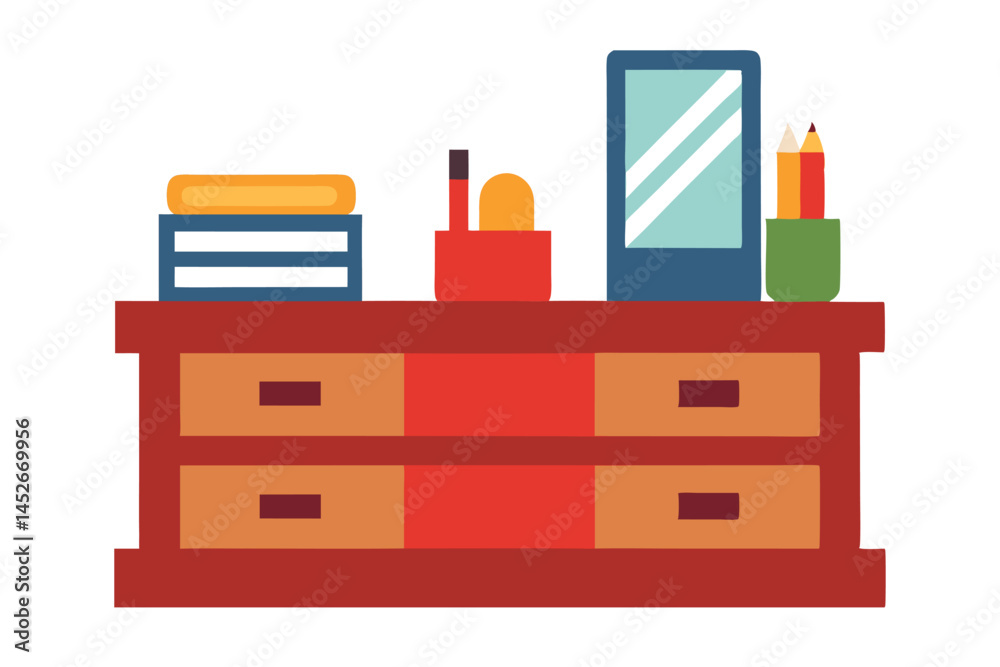 Stylish Retro Dresser with Books, Mirror, Makeup, and Pencils Illustration Stylish Retro Dresser with Books, Mirror, Makeup, and Pencils Illustration