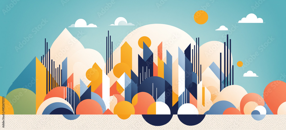 illustration abstract geometric cityscape with mountains and sun