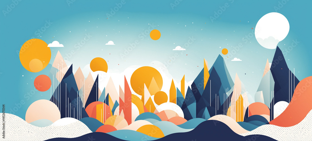 illustration abstract geometric mountain landscape with celestial elements