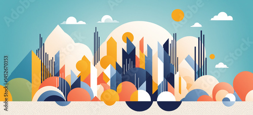 Obraz na płótnie illustration abstract geometric cityscape with mountains and sun w salonie
