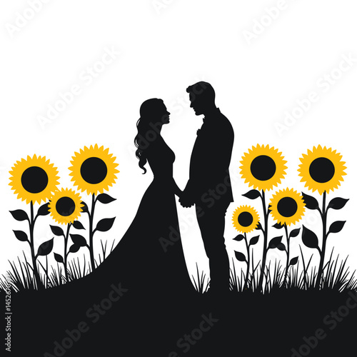 Couple silhouette wedding, sunflowers, black and white, for invitation design