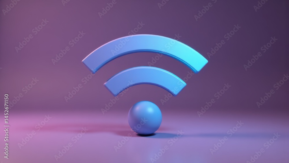 Fototapeta premium Blue WiFi Symbol 3D Rendering on Purple Background, Wireless Internet Connection Icon for Technology and Communication