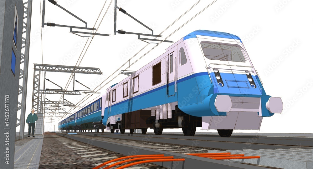 Naklejka premium electric train track sketch 3d illustration