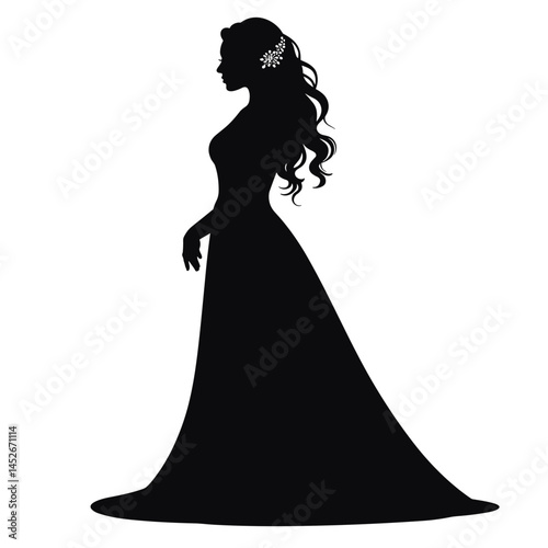 Woman in gown, elegant silhouette, black and white, for wedding invitations
