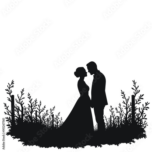 Couple silhouette wedding, black and white, romantic, for invitations