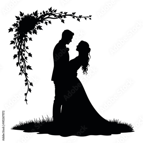 Bride and groom silhouette, wedding invitation design, black and white, for romantic celebrations