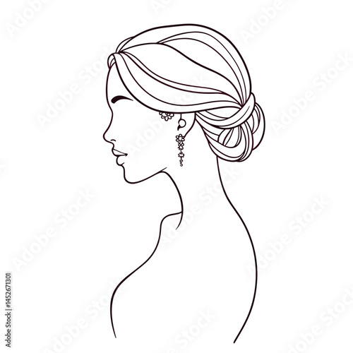 Woman's profile, elegant hairstyle, line art, maroon accents, for branding