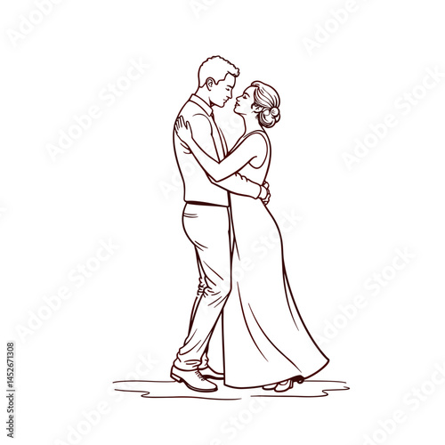 Couple embracing, line art illustration, brown tones, for wedding invitations