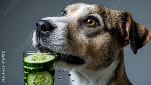 A close-up of a dog curiously staring at a glass of sparkling water filled with cucumber slices, emphasizing a playful and refreshing atmosphere