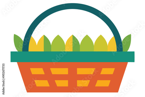 Colorful graphic image of a basket filled with leaves for harvest time