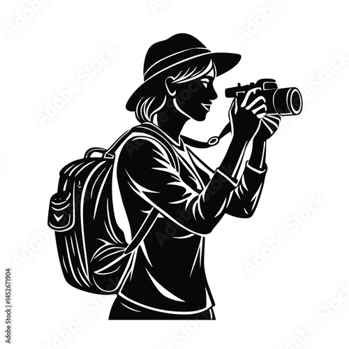 photographer with camera,  Vector illustration of a  silhouette on white background 