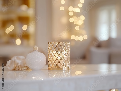 Ornate candle holder and christmas ornament on a table with bokeh lights in the background